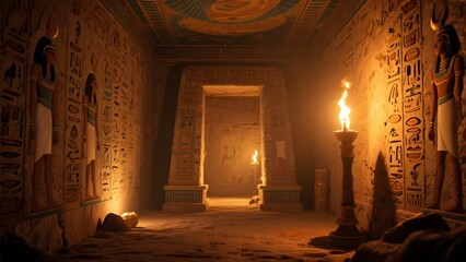 Ancient Egyptian Temple Interior with Hieroglyphs and Torches