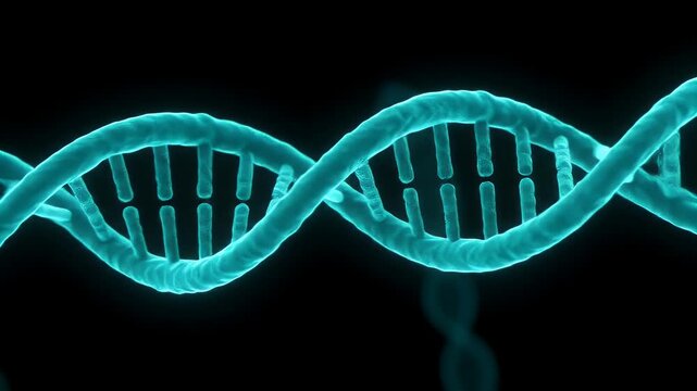 Animated DNA Strand: Rotating Turquoise Double Helix on Black Background for Scientific Visualization