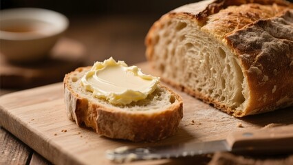 Freshly Sliced Bread with Butter on a Wooden Cutting Board
