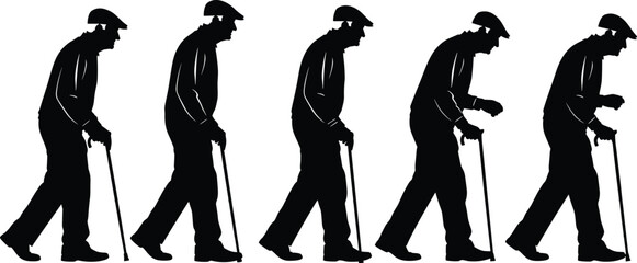 Silhouette illustration of elderly man walking with cane in different poses, aging process, senior support, mobility aid, old age vector