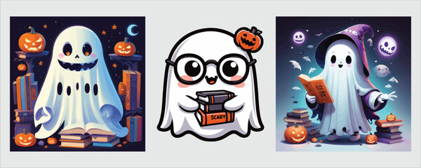 Art of cute ghost reading book on halloween time