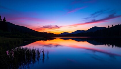 Fototapeta premium Serene Mountain Lake Sunset Reflection at Dusk.