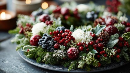 Festive Christmas Wreath with Berries, Pinecones, and White Roses on Plate