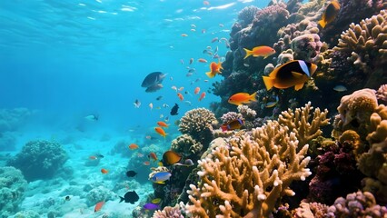 Vibrant Coral Reef with Colorful Fish Swimming in Clear Blue Water