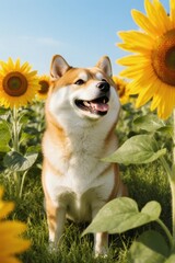 Upward Gazing Shiba in Sunflowers