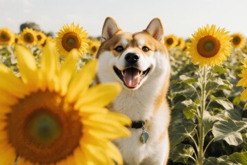 Posing Shiba Inu in Sunflowers