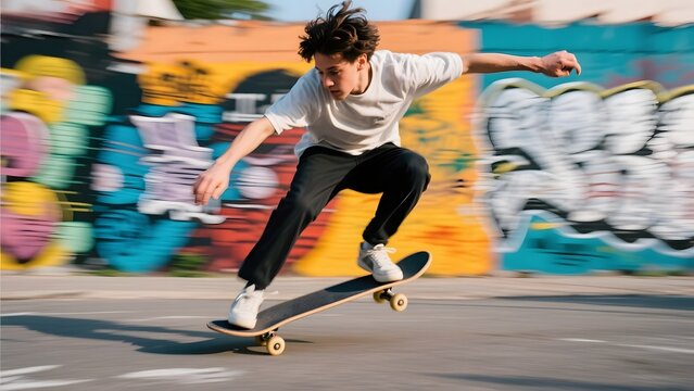 Skateboarder performing a trick in front of colorful graffiti wall