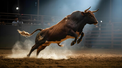 Silhouette of a bull mid-leap in a dusty rodeo arena, full of power.
