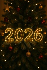 Warm 2026 holiday scene with glowing numbers on a Christmas tree—perfect for festive cards, banners, and seasonal ads.