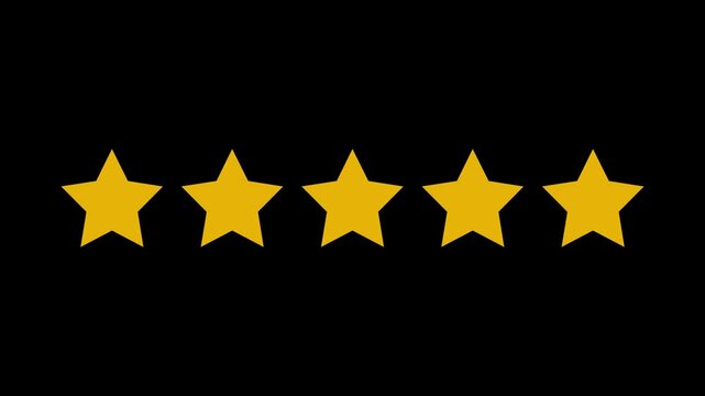 Five star rating icon animated video ,animation video isolated on alpha channel background. Animated of 5 stars rating isolated on transparent black background.