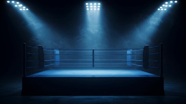 Empty boxing ring under dramatic lighting