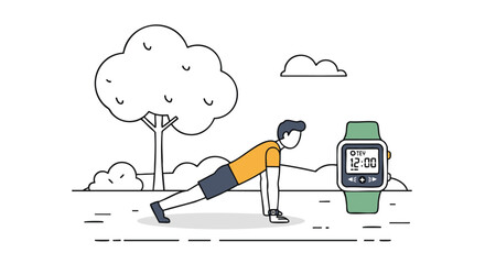A modern line art illustration of a man performing push-ups outdoors, actively tracking his fitness progress and workout data with a sleek smartwatch in a park setting