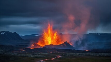 Fototapeta premium Active volcano erupting with vivid lava flows, glowing orange and red hues, cascading molten rock, billowing ash clouds,