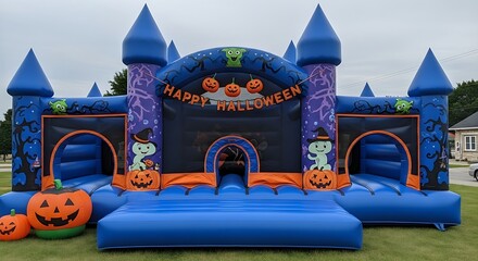 Halloween themed inflatable bounce house with pumpkins and ghosts, perfect for children's parties and seasonal celebrations, set against a cloudy sky and grassy lawn.