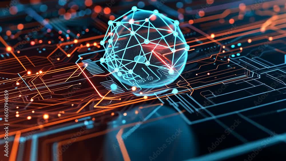 Poster ai chip and atom symbol with circuit elements, futuristic tech vector