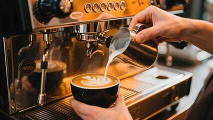 Barista pouring milk into espresso to create latte art