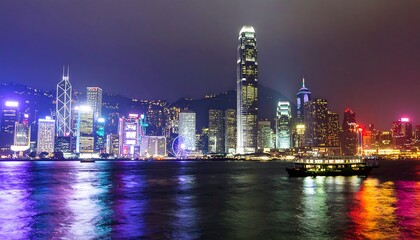 Obraz premium Hong Kong skyline at night, illuminated skyscrapers reflecting on water.