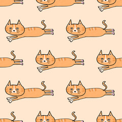 seamless pattern featuring cartoon-style ginger cats pattern is suitable for textiles, wallpaper, wrapping paper, or digital backgrounds. 
