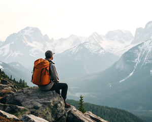 A man with an orange backpack sits on a rock looking out at a mountain range on a cloudy day in nature