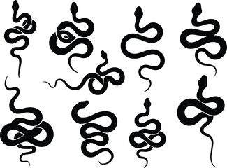 A collection of black silhouette vector illustrations of snakes in various poses, for themes of animals, reptiles, wildlife, and danger.