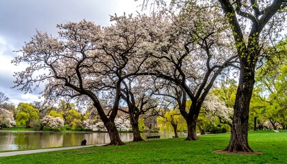 Obraz premium Blossoming trees by a pond