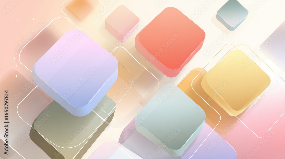 Poster colorful geometric shapes float against a soft pastel background in an abstract design, creating a m