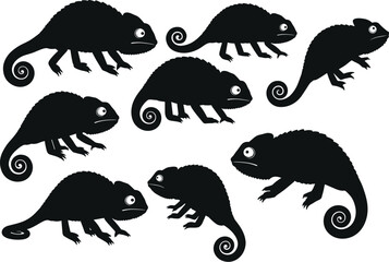 A collection of chameleon silhouettes in various poses, for themes of animals, reptiles, wildlife, and exotic pets in design and illustration projects.
