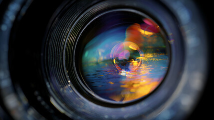 Close-up Macro Photography: Colorful Sunset Reflected in Camera Lens, Abstract, Dreamy Mood