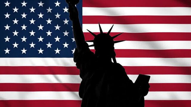Dramatic Silhouette of the Statue of Liberty With an American Flag Waving in the Background Ideal for Patriotic Projects and National Celebrations Animation Backdrop