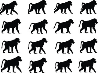 A set of black silhouette vector illustrations of baboons in various poses, for wildlife, zoo, animal, and nature themes.