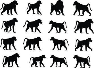 A set of black silhouette vector illustrations of baboons in various poses, for wildlife, zoo, animal, and nature themes.