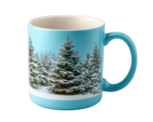 Blue mug with winter landscape snow covered pine tree serene scene isolated on transparency background perfect for hot beverage cozy seasonal decorative cheerful home use