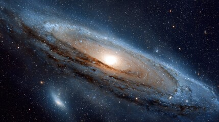 Obraz premium The Andromeda Galaxy glowing with bluish-white stars and swirling dust lanes, captured in infinite cosmic beauty.