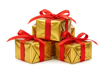 Shiny gold gift boxes with red ribbons presents celebration