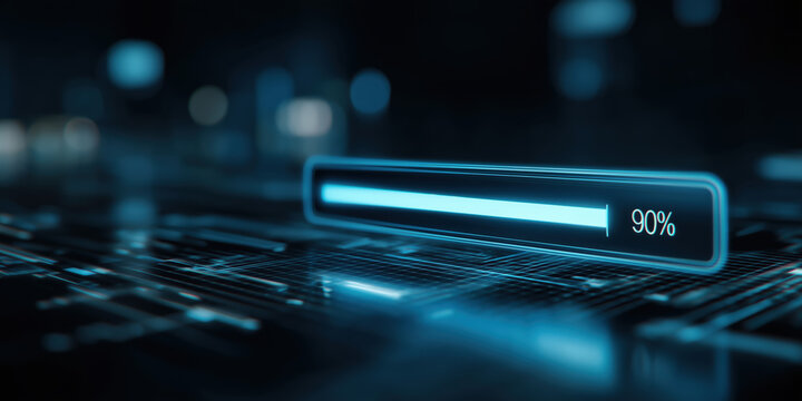 glowing blue progress bar hovers over a digital circuit background, indicating 90% completion in a high-tech, cyber-themed environment