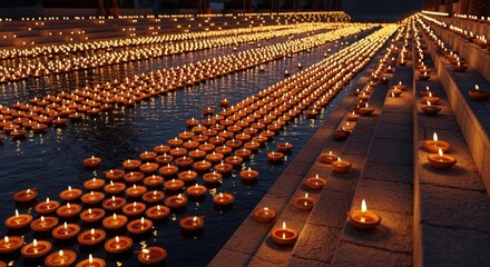 Obraz premium Thousands of Floating Lamps Illuminate River Steps During Celebration