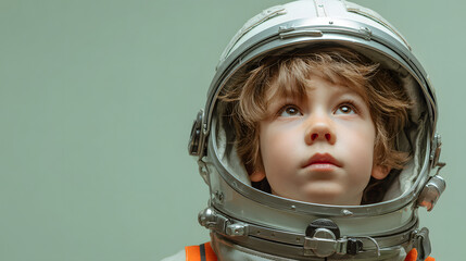 Thoughtful boy in an astronaut helmet looking up, with copy space, symbolizing dreams, exploration, and the wonder of space