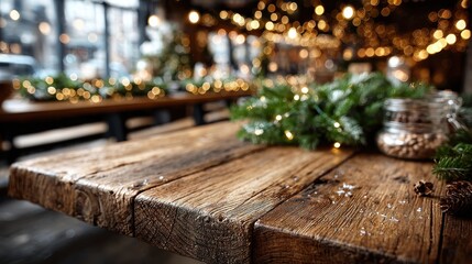 Rustic Wooden Table with Christmas Decorations and Bokeh Lights Background