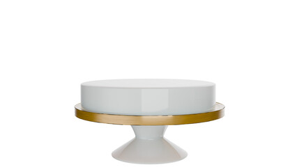 3D Render a white cake with gold trim on a white cake stand