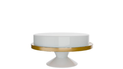 3D Render a white cake with gold trim on a white cake stand