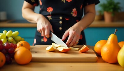 Close-Up Hands Chopping Fresh Fruit on Wooden Kitchen Counter