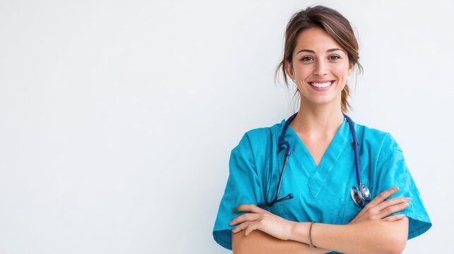 Smiling Healthcare Professional: A caring and compassionate female healthcare professional stands with arms crossed, radiating confidence and expertise, stethoscope around her neck.