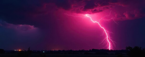Crimson lightning bolt streaks across inky black night sky, fiery, storm, bright red