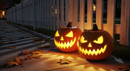 Fototapeta premium Two glowing Jack-o'-lanterns illuminate a sidewalk on Halloween night