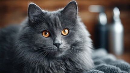 Fototapeta premium Close-up Portrait of a Fluffy Gray Cat with Intense Amber Eyes