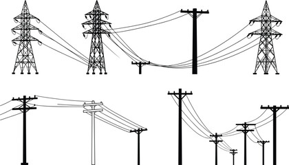 High voltage power lines and utility poles, electrical infrastructure, energy transmission, electricity distribution, power grid