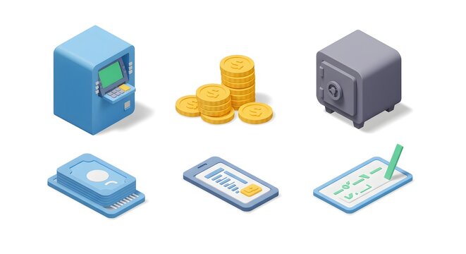 Isometric 3D icons of finance and banking elements: ATM, coins, safe, and smartphone.