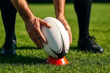 Focused shot displays hands setting the rugby ball on its tee, ready for the upcoming play.