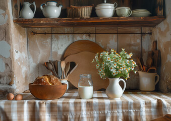 Rustic kitchen scene with bread, pottery, flowers, and wooden shelves, cozy farmhouse country atmosphere.
