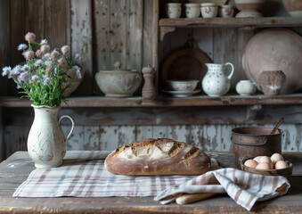 Rustic kitchen scene with bread, pottery, flowers, and wooden shelves, cozy farmhouse country atmosphere.
